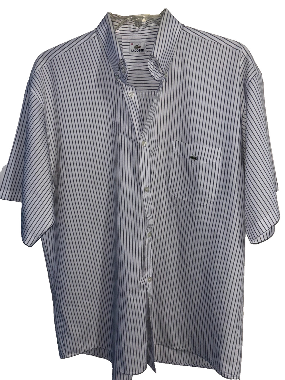 Lacoste Shirt Men 44 XL White Navy Striped Button Down Short Sleeve Pocket Dress